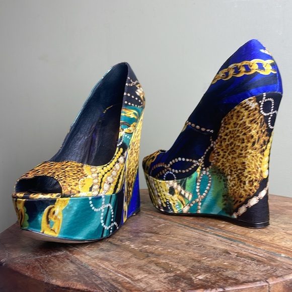 Aldo Satin Printed Fabric Jewel Tone Wedge Platform Size 39 US 8.5 - Picture 10 of 10
